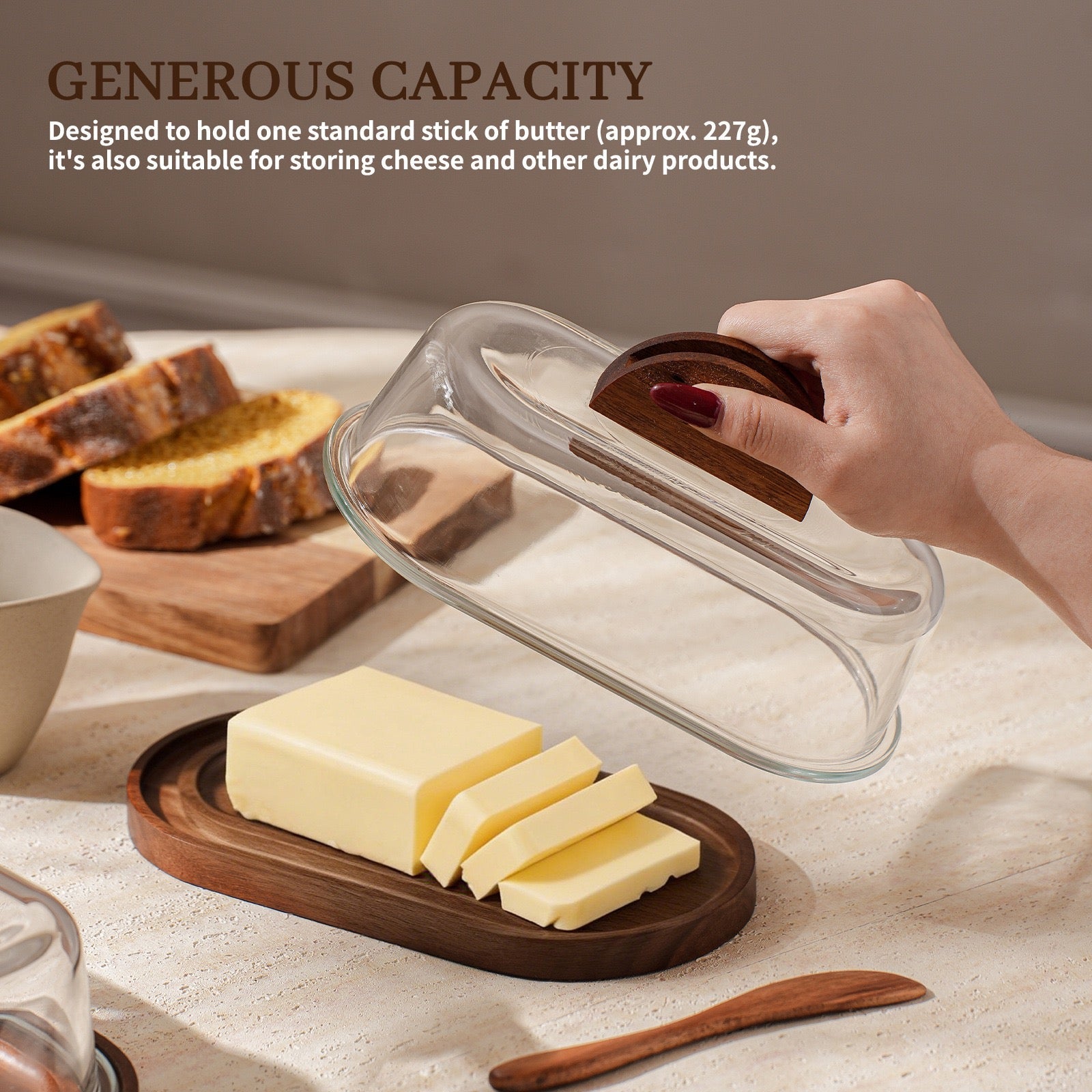 Glass Butter Dish with Wooden Base & Spreader Knife