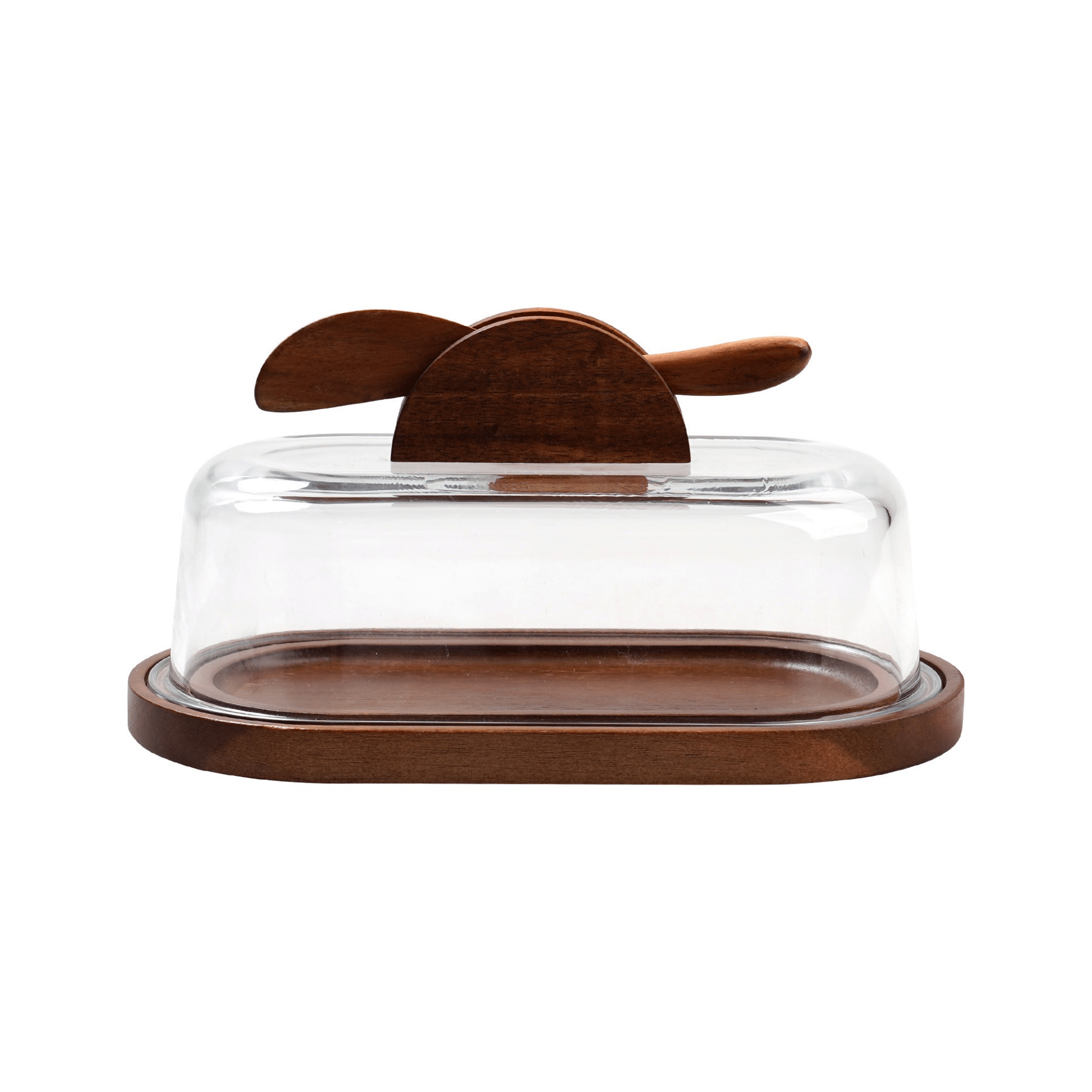 Glass Butter Dish with Wooden Base & Spreader Knife