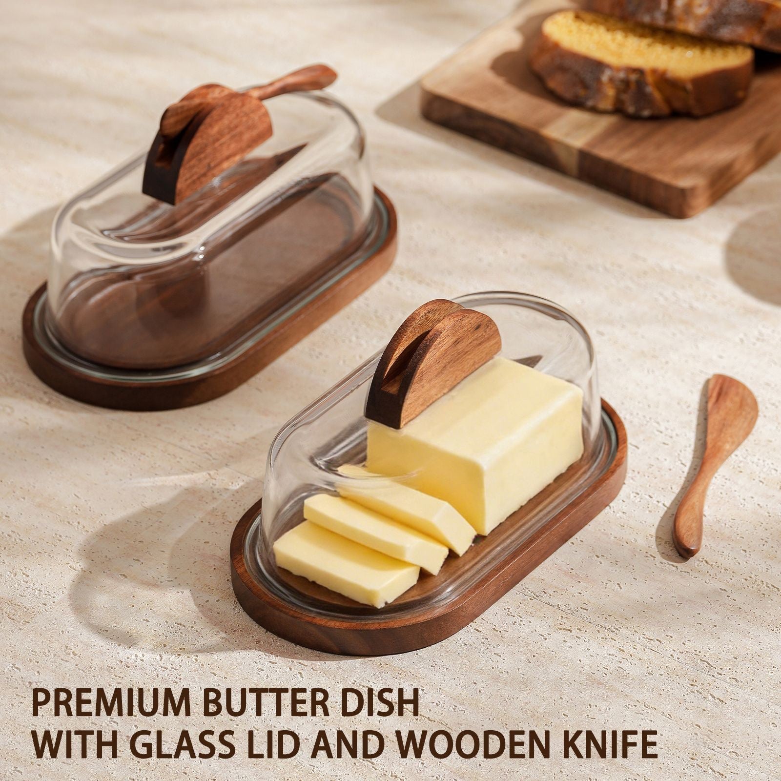 Glass Butter Dish with Wooden Base & Spreader Knife