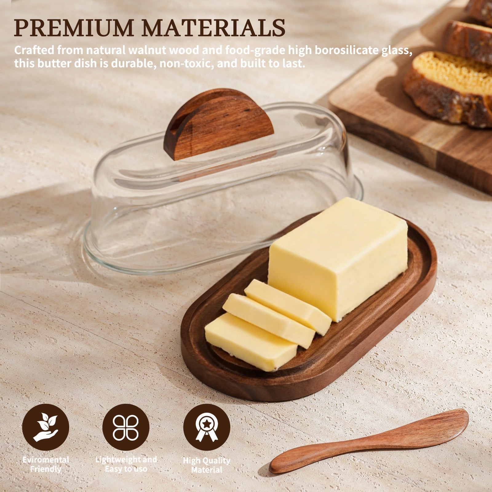 Glass Butter Dish with Wooden Base & Spreader Knife