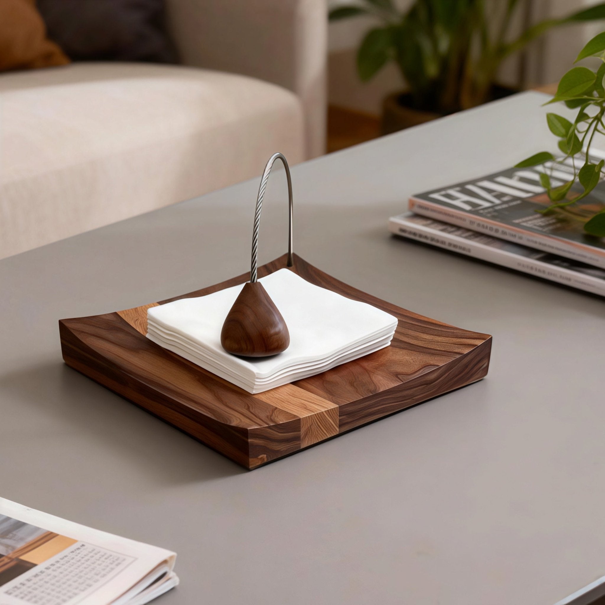 Oakory acacia napkin holder styled on coffee table with magazines and plants