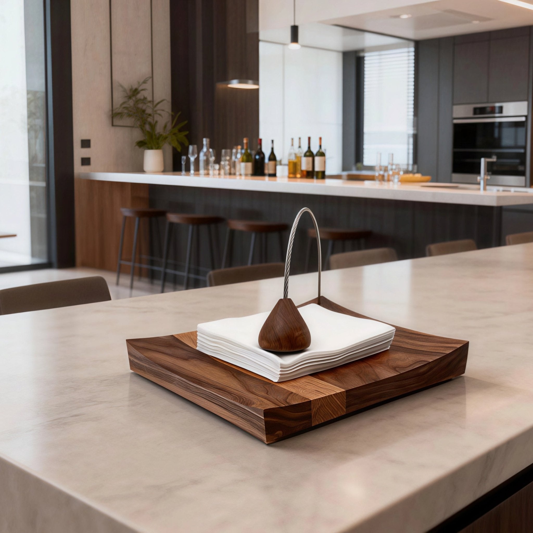 Oakory acacia napkin holder displayed on modern kitchen counter with wine bottles