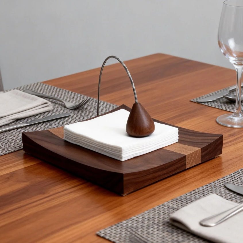 Oakory acacia wood napkin holder displayed on wooden dining table with wine glass