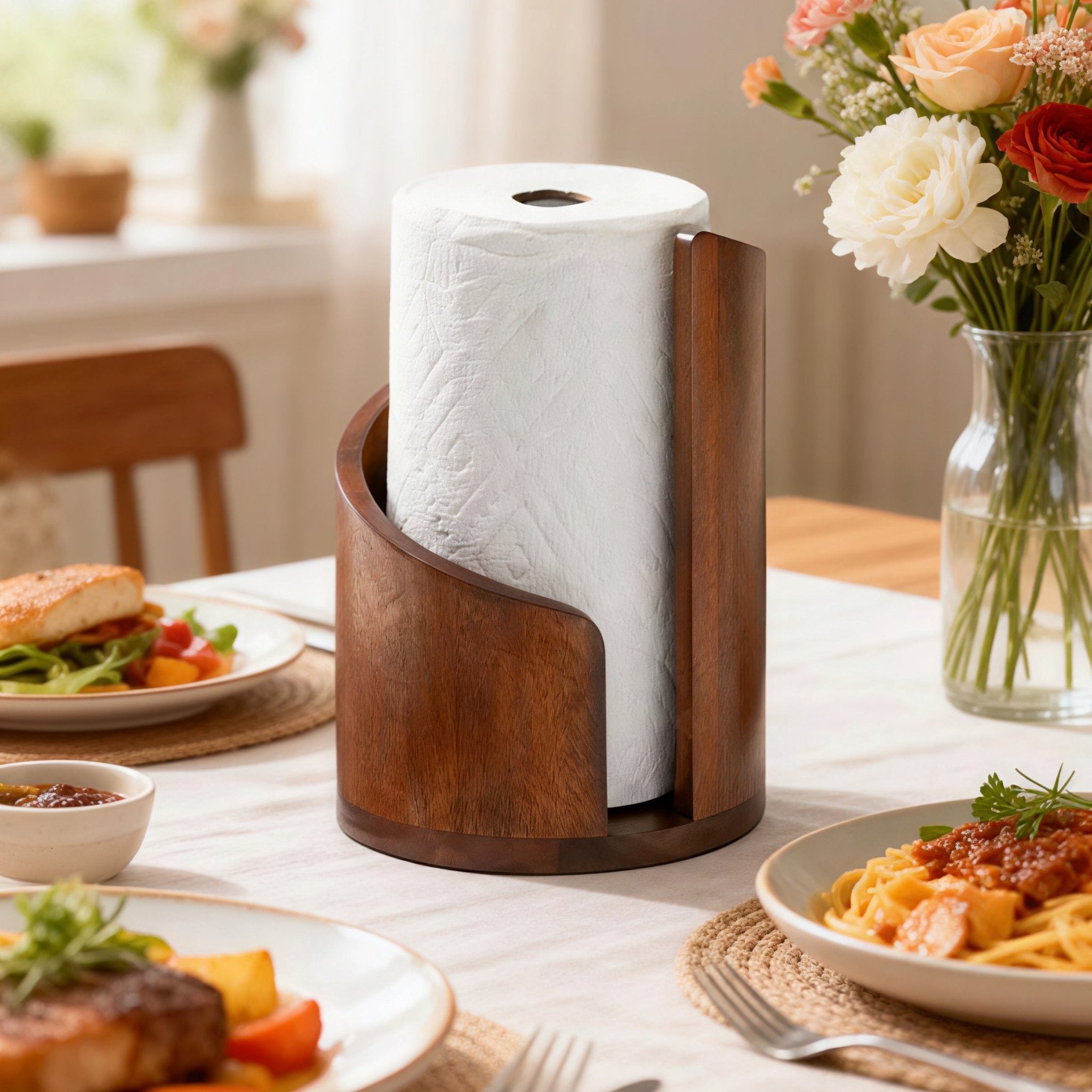 Oakory solid wood paper towel stand styled on dining table with meals and flowers