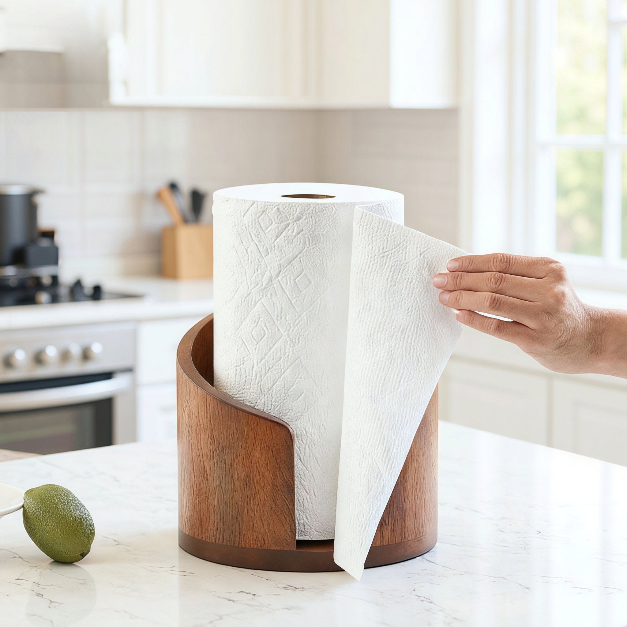 Oakory solid wood paper towel stand in use on kitchen counter, with fresh lime