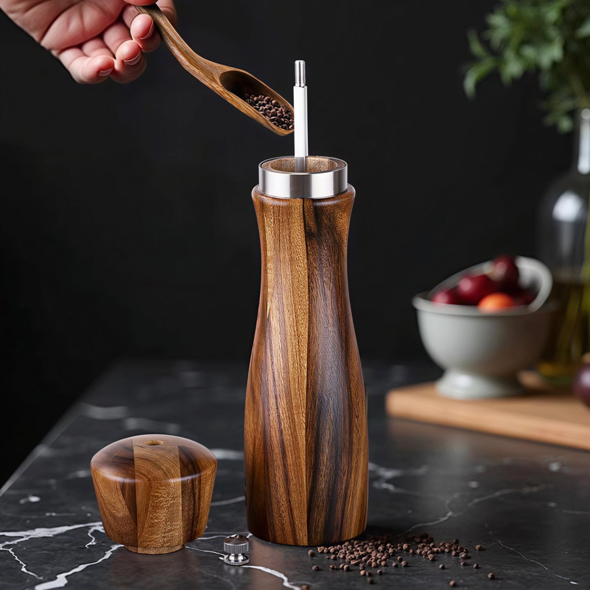 Oakory refillable acacia wood pepper grinder being filled with whole peppercorns