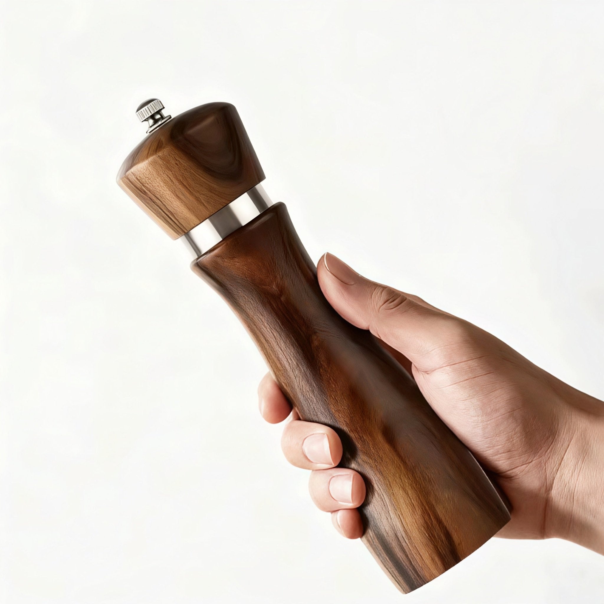 Close-up of Oakory acacia wood salt grinder with ergonomic handle for comfortable grip