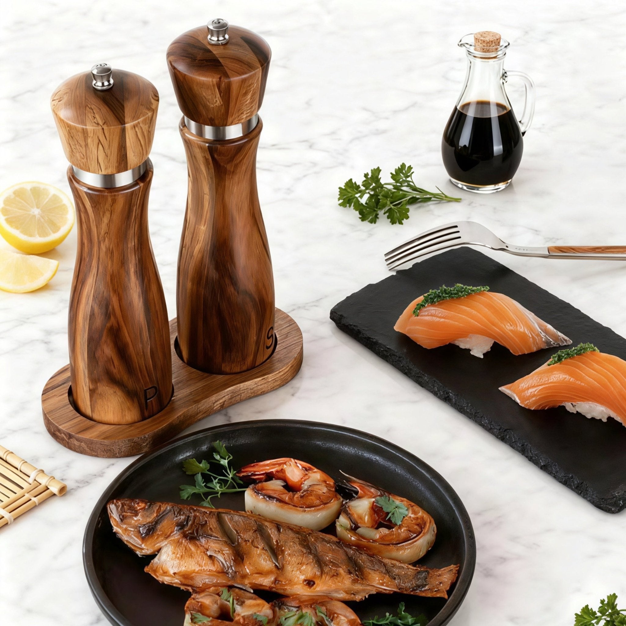 Oakory acacia wood salt and pepper grinders styled with grilled fish and sushi on marble counter