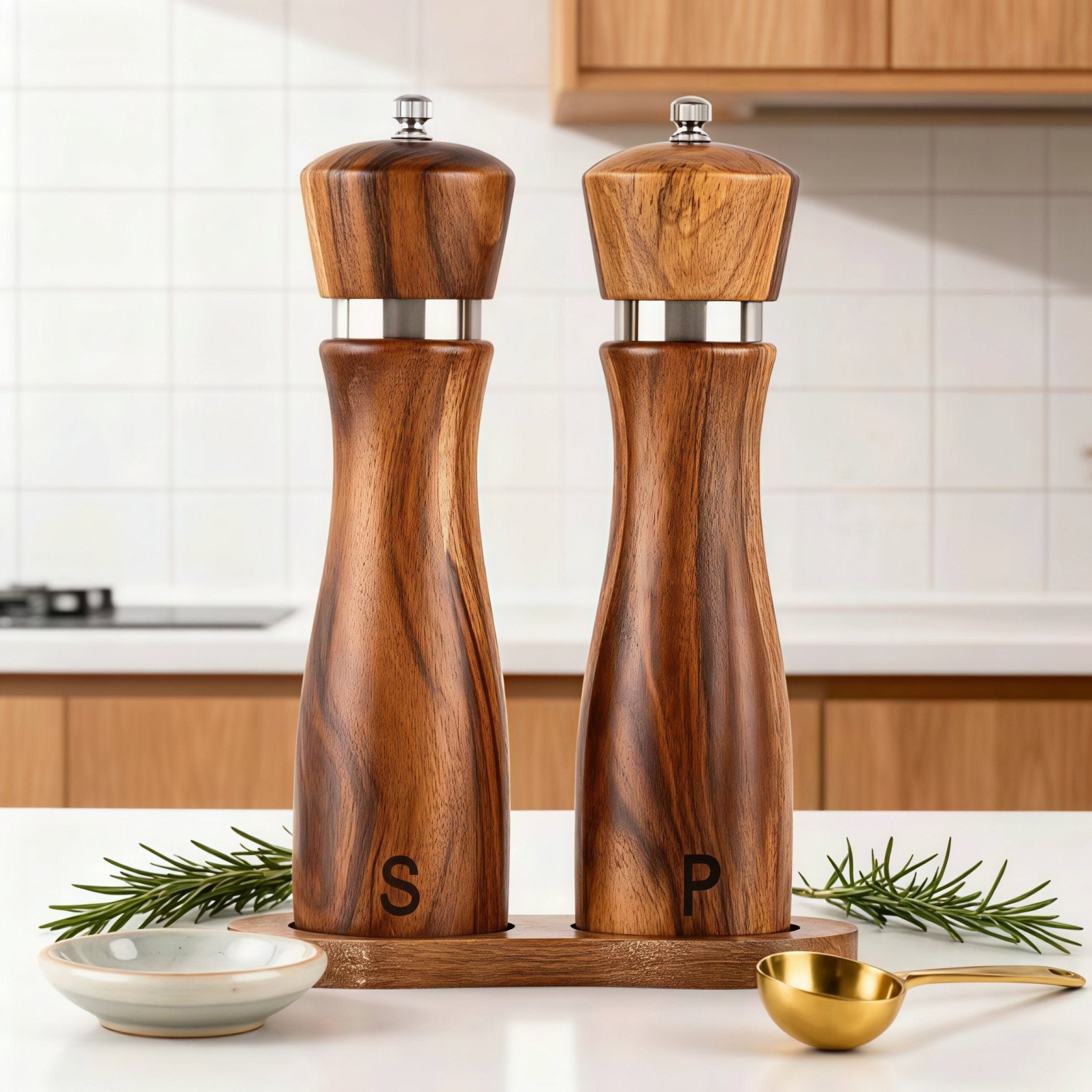 Oakory elegant acacia wood salt and pepper grinders displayed on kitchen counter with rosemary