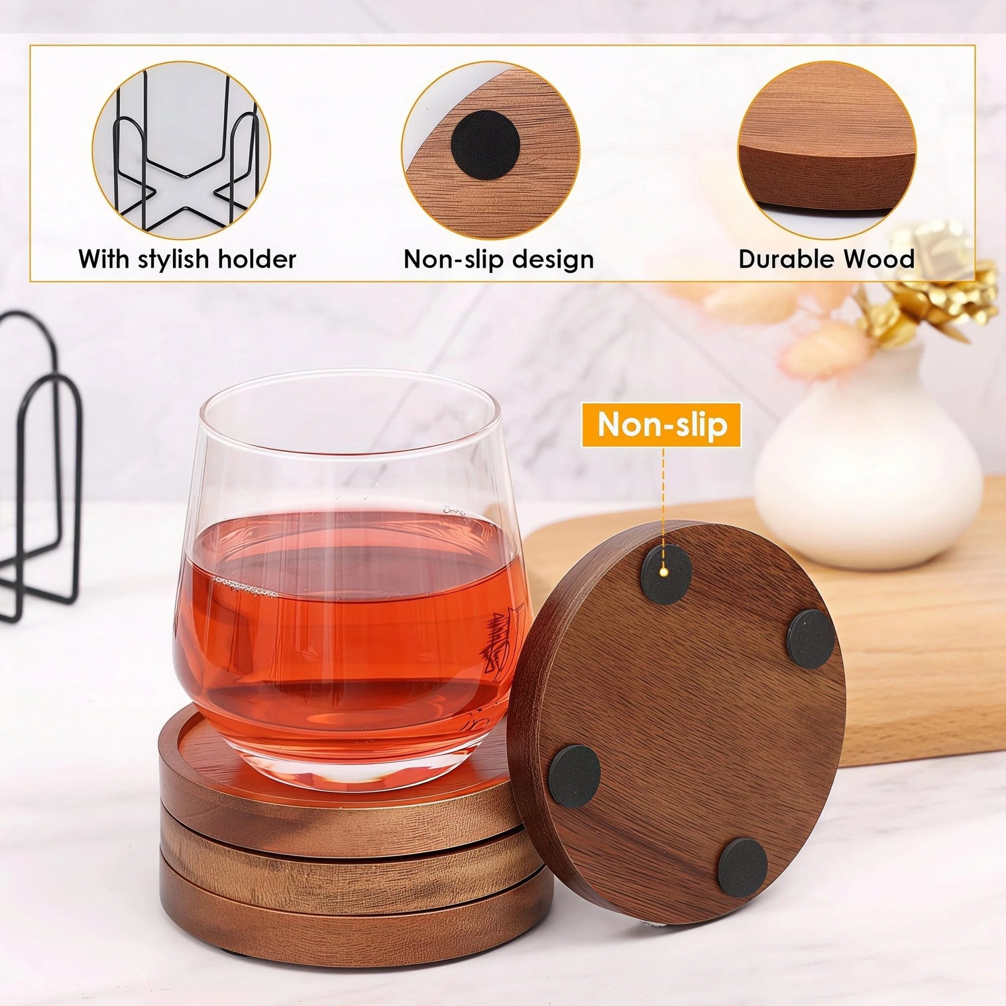 Close-up of Oakory non-slip solid wood drink coasters with rubber pads and durable wood