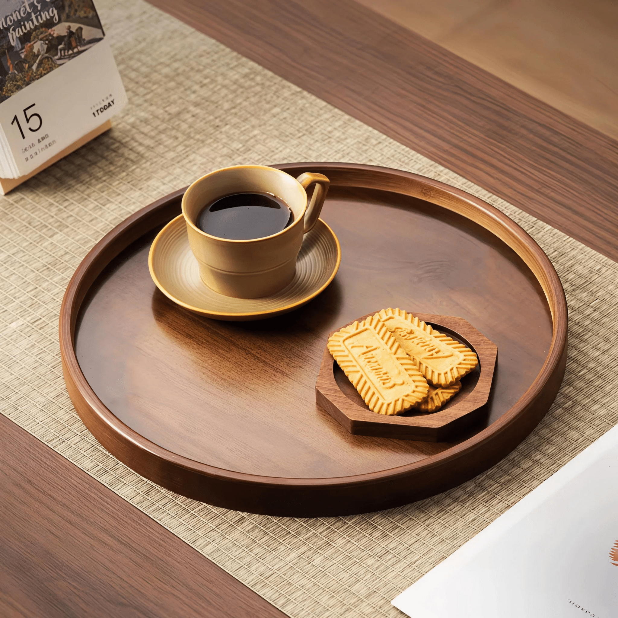 Oakory solid wood round serving tray styled with coffee and cookies for afternoon tea