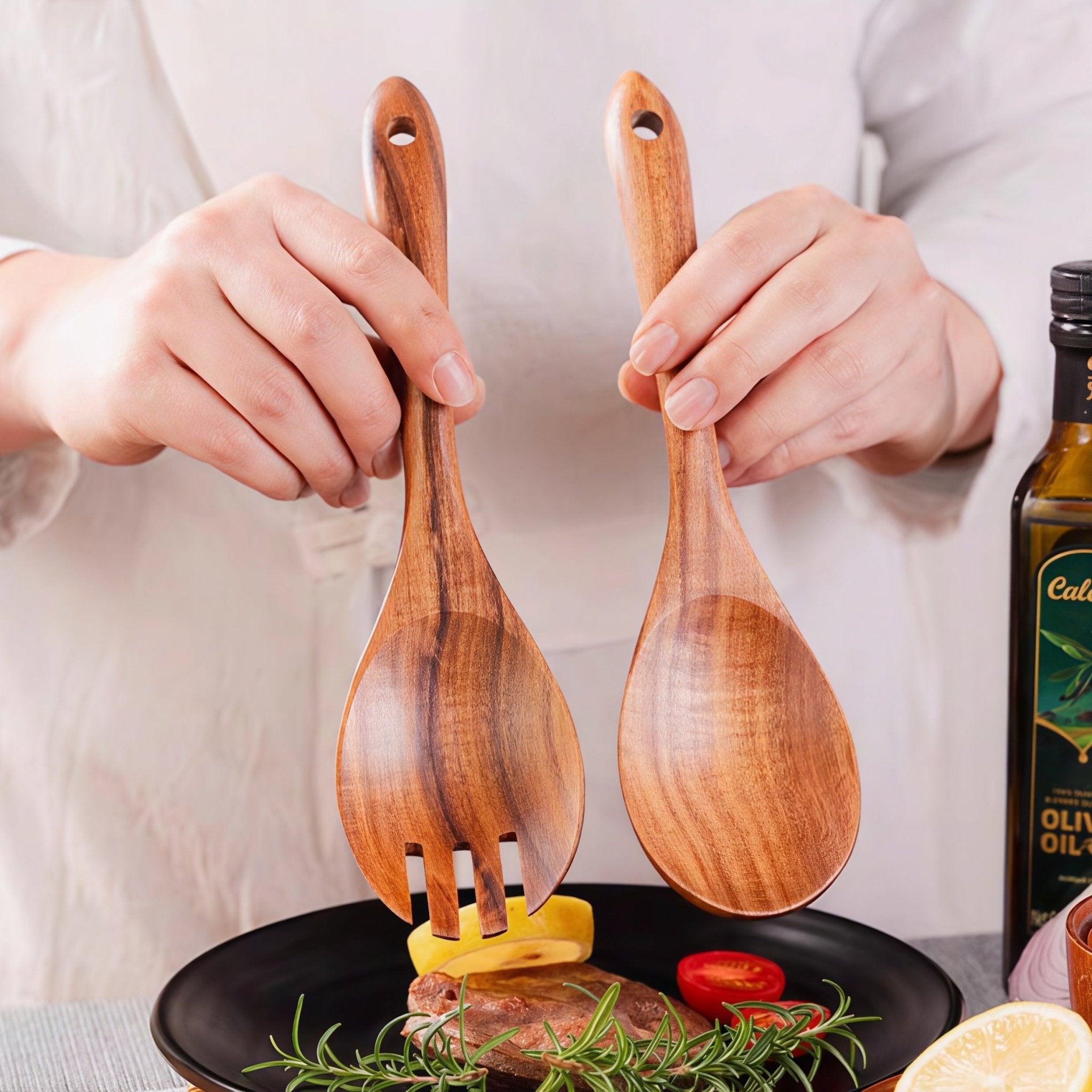 Oakory teak wooden salad fork and spoon used for serving grilled steak with vegetables