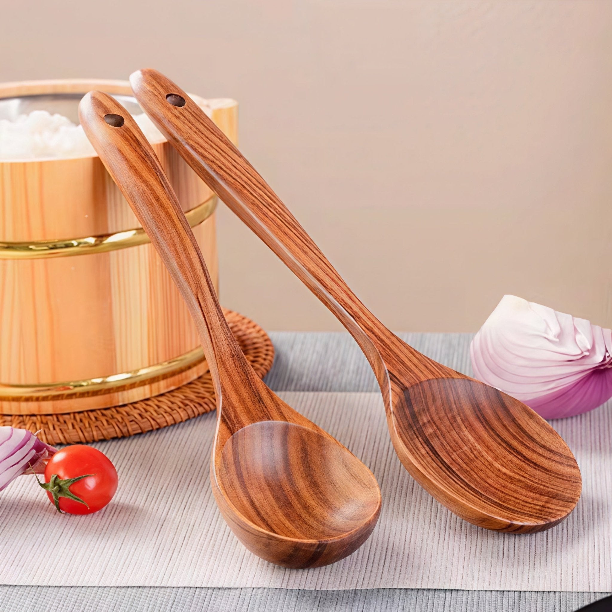 Oakory teak wooden serving spoons set, showing natural grain and ergonomic design
