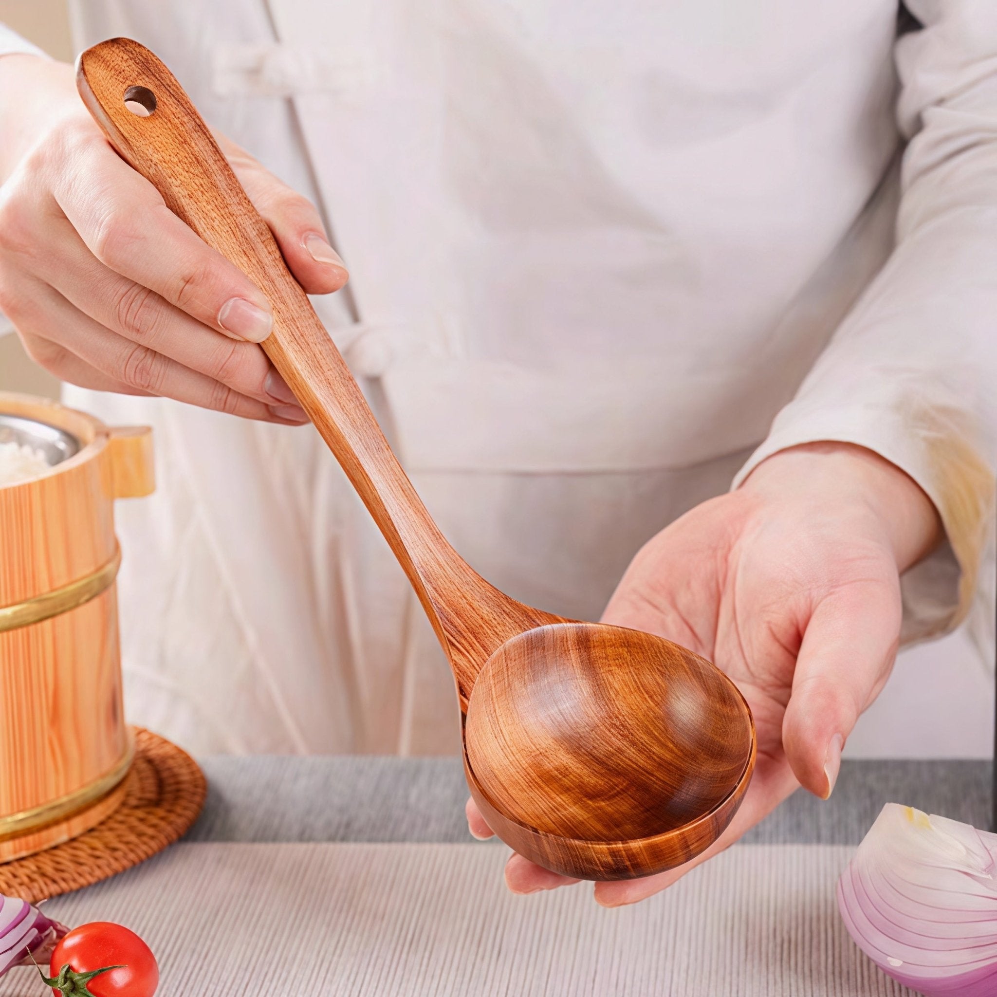 Oakory teak wooden soup ladle with ergonomic handle for comfortable grip
