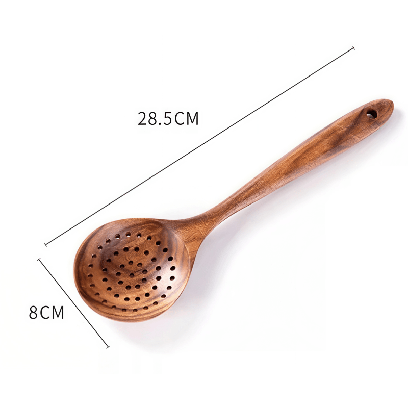 Size specification of Oakory teak slotted spoon: 28.5cm length x 8cm width, perforated design