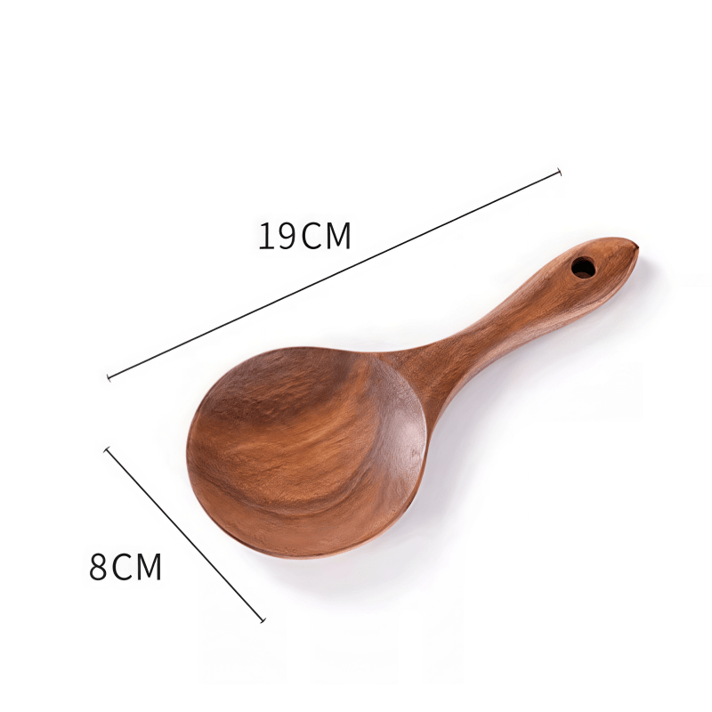 Size specification of Oakory teak short-handle spoon: 19cm length x 8cm width, for serving