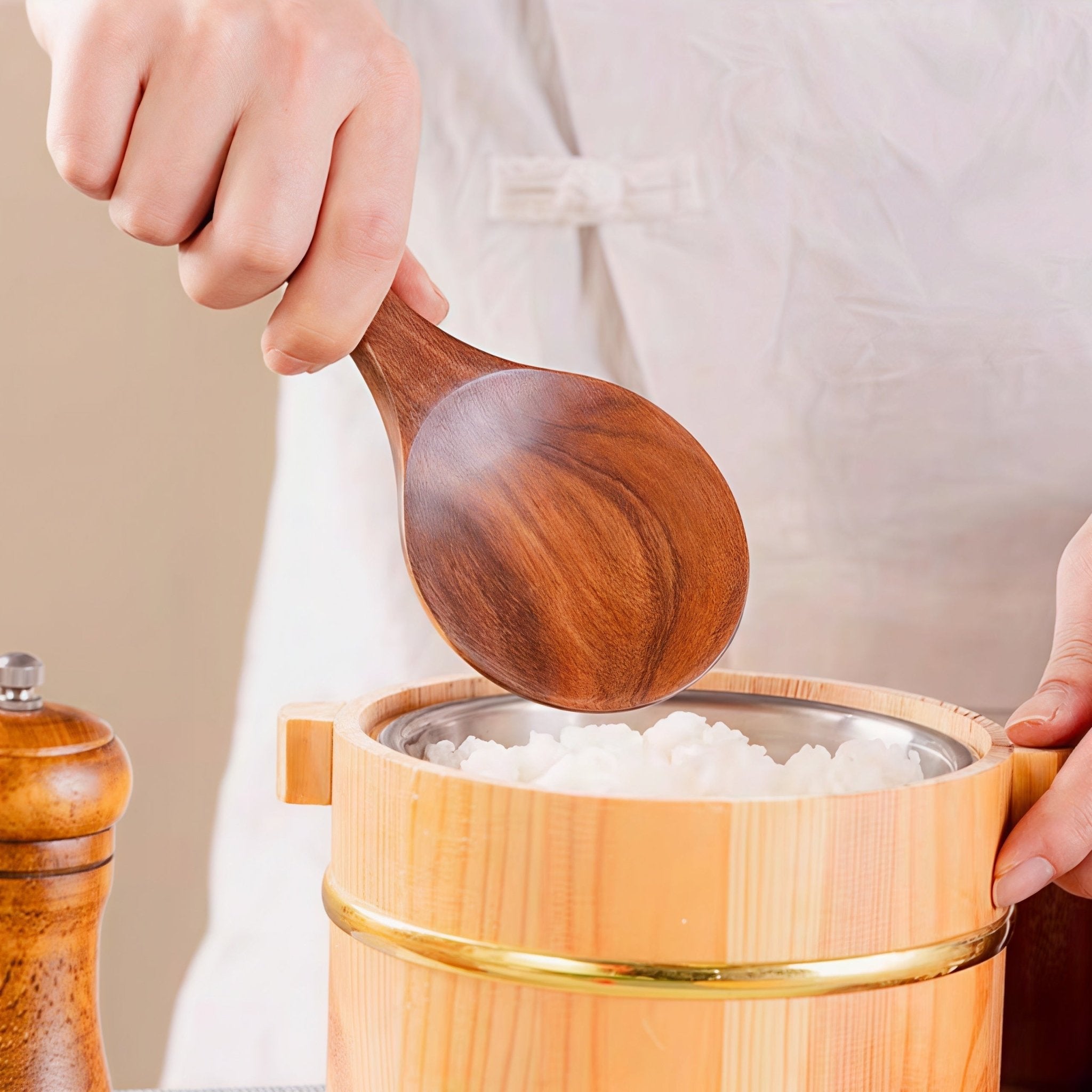 Oakory teak wooden rice spoon used for serving rice from wooden rice bucket, ergonomic handle