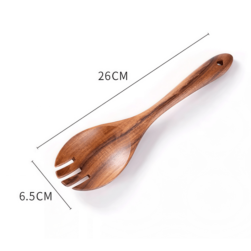 Size specification of Oakory teak salad fork: 26cm length x 6.5cm width, natural wood grain