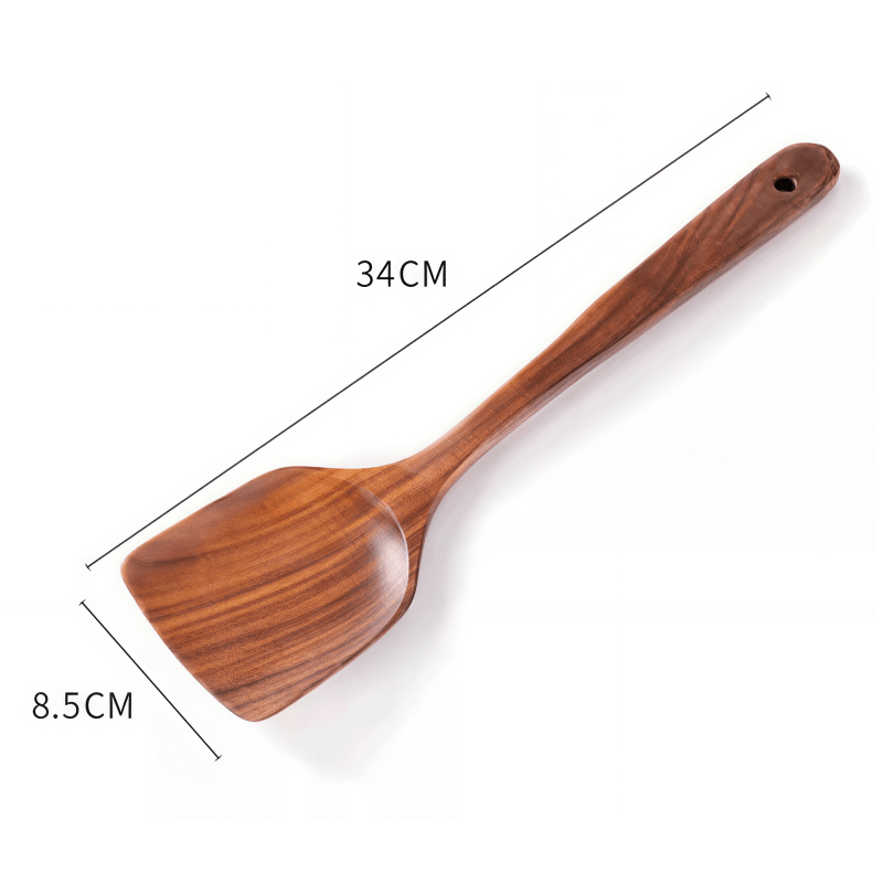 Size specification of Oakory teak kitchen spatula: 34cm length x 8.5cm width, ergonomic handle