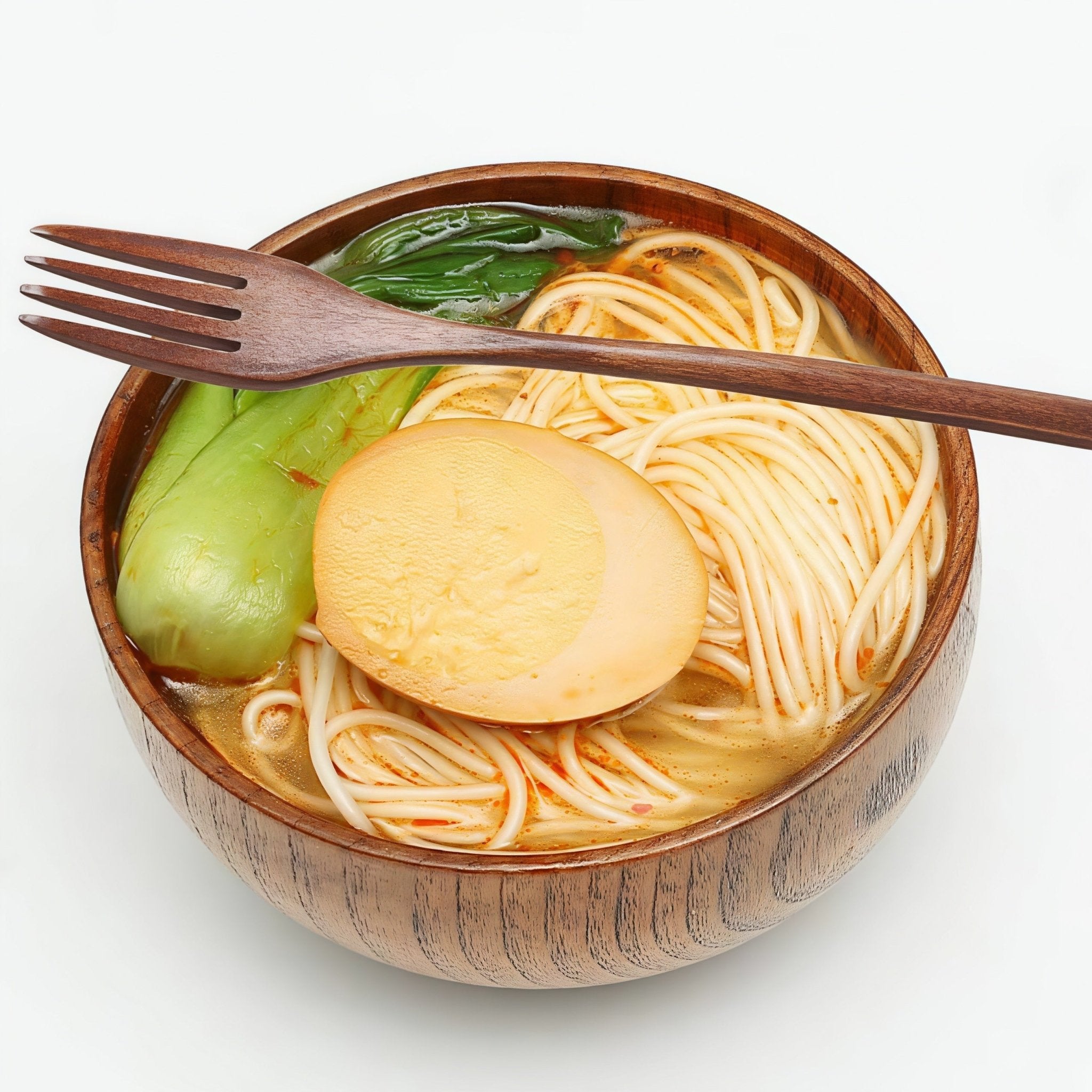 Oakory wooden fork used with ramen bowl, featuring egg and bok choy