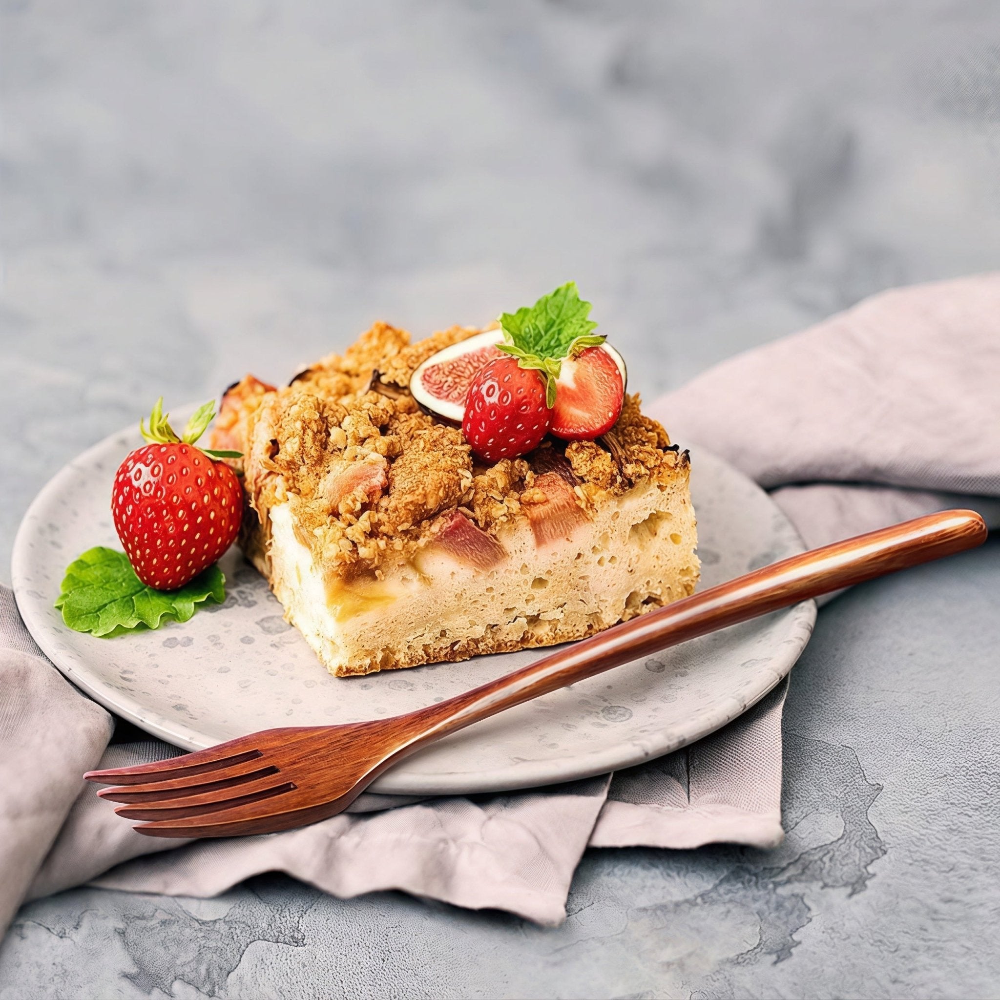 Oakory wooden fork styled with strawberry crumble dessert on ceramic plate