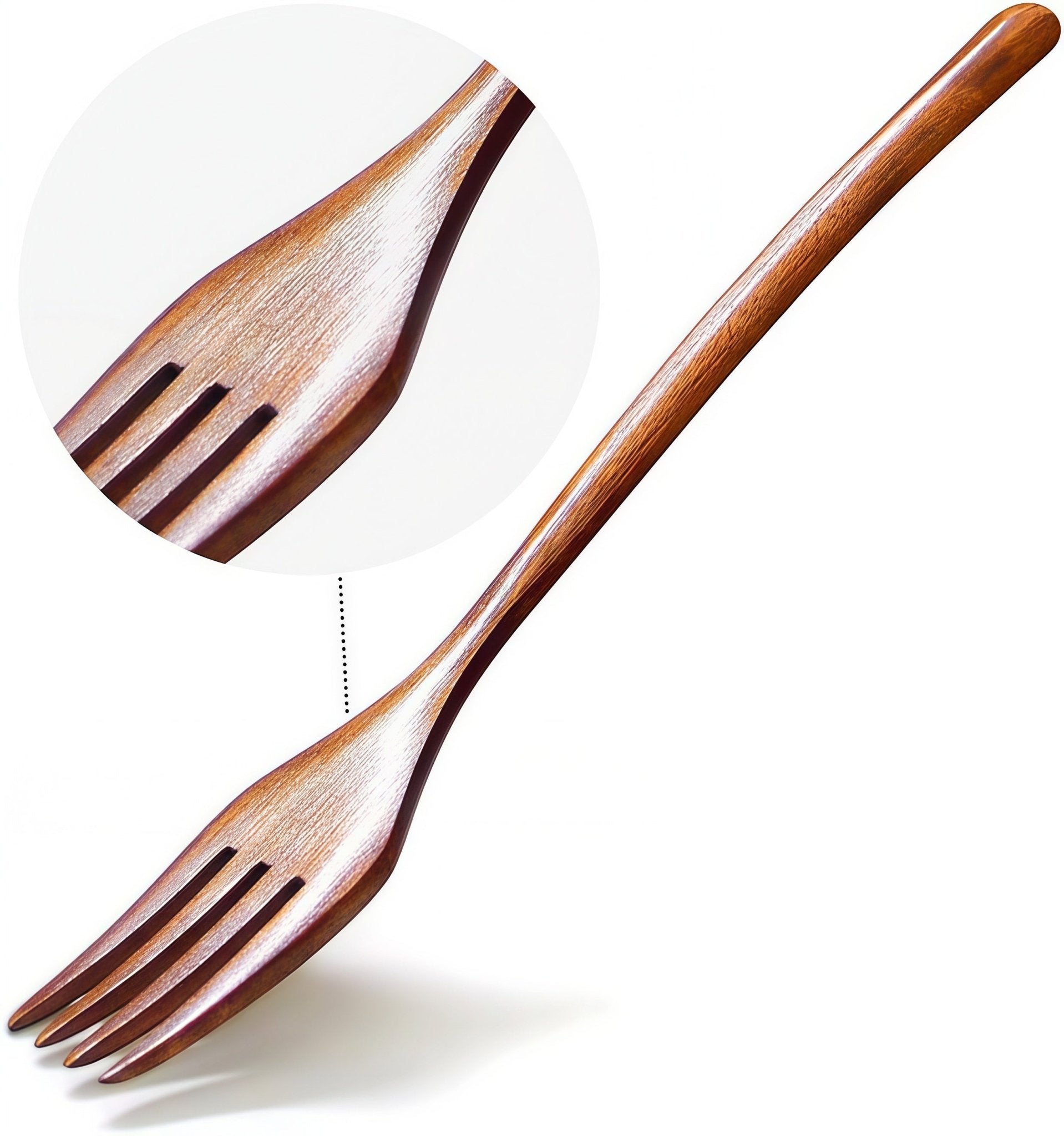 Close-up of Oakory wooden fork, showing smooth polished fork teeth and natural wood grain