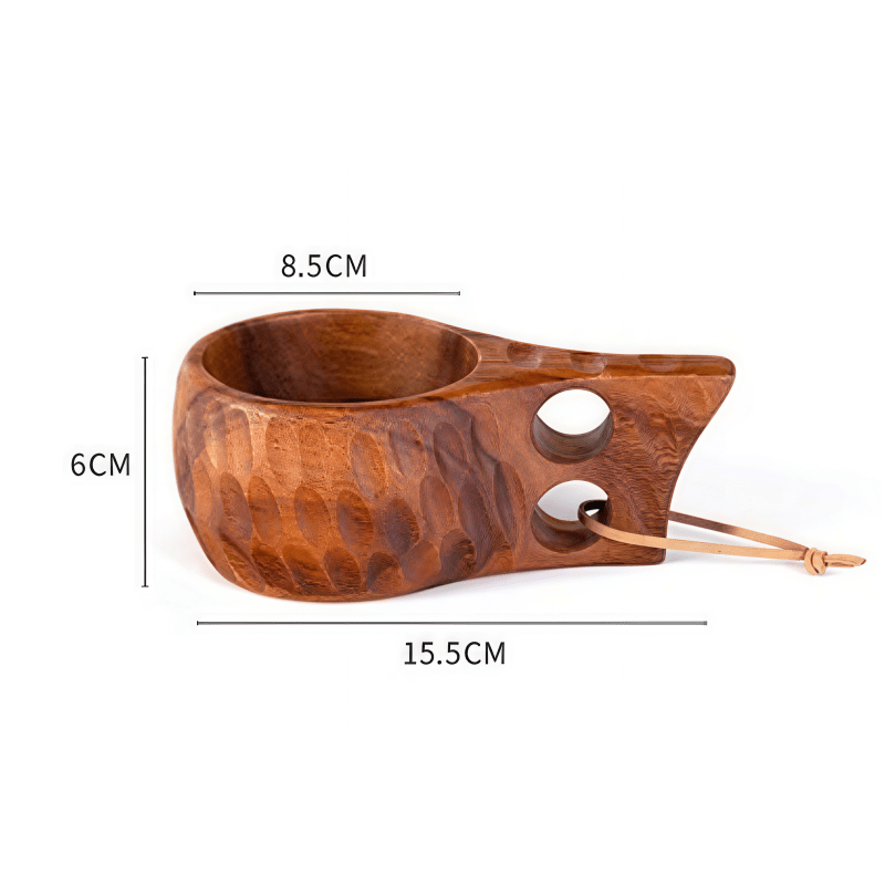 Size specifications of Oakory wooden mug: 15.5cm length x 8.5cm width x 6cm height