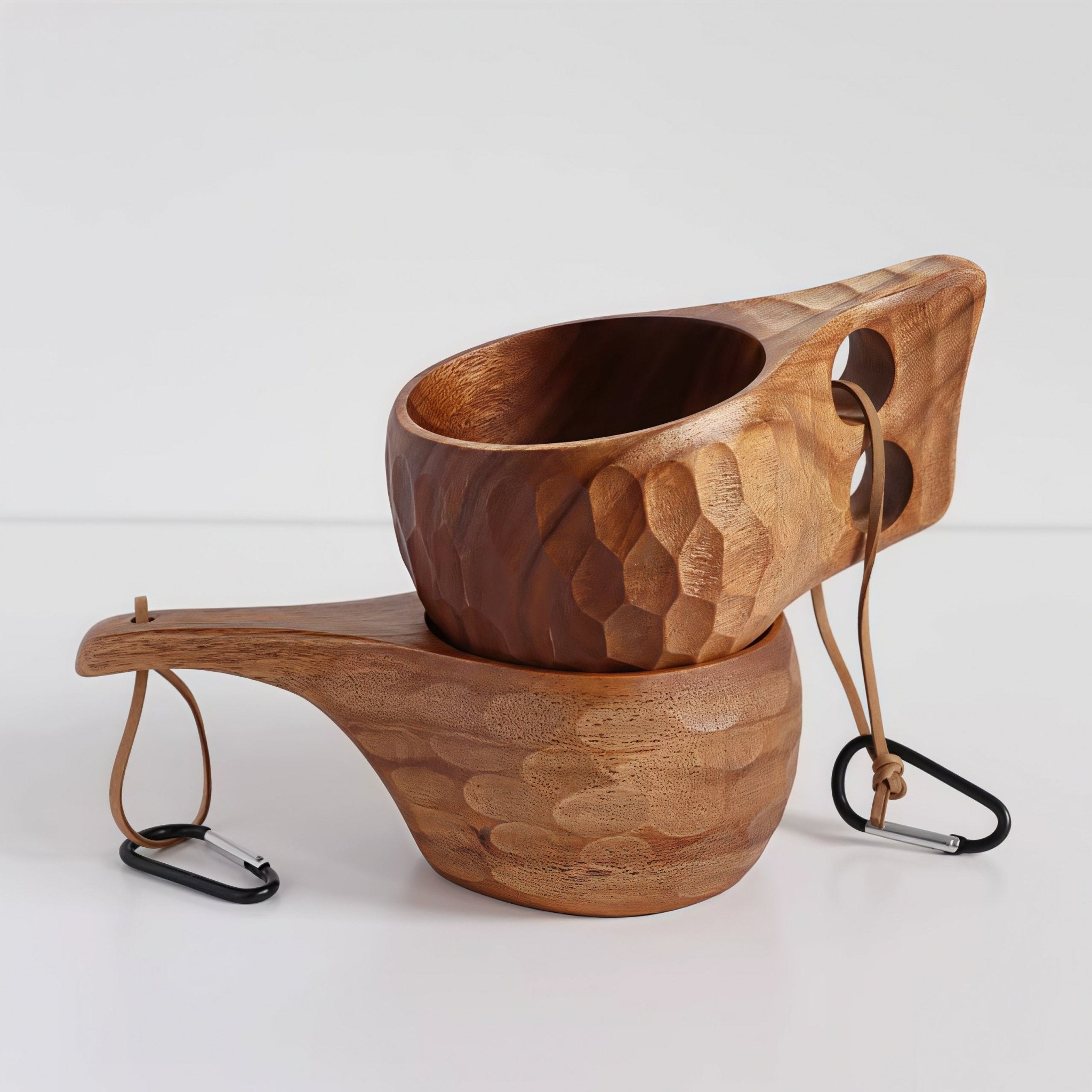 Oakory stackable handcrafted wooden mug set, showing space-saving storage design